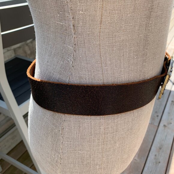 Vintage Y2K Distressed Brown Leather Brass Silver Eagle Buckle Waist Belt - Picture 5 of 16